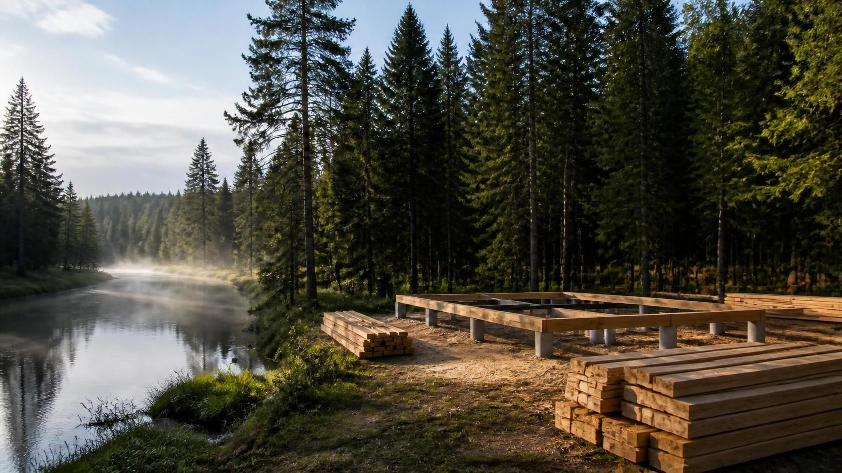 Каркасный дом у реки в лесу: сваи и обвязка, рядом штабели бруса
